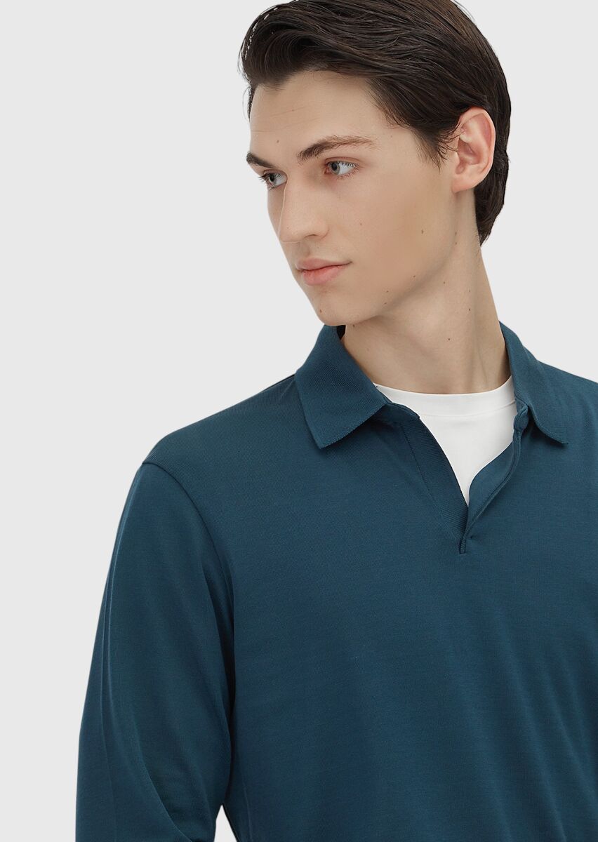 Petrol Blue Polo Neck Plain Sweatshirt - 4
