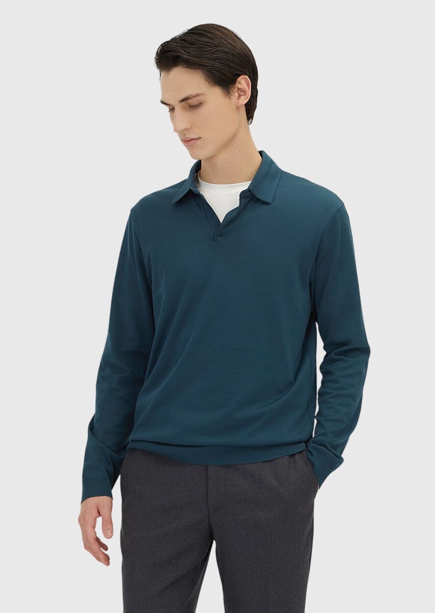 Petrol Blue Polo Neck Plain Sweatshirt - 1