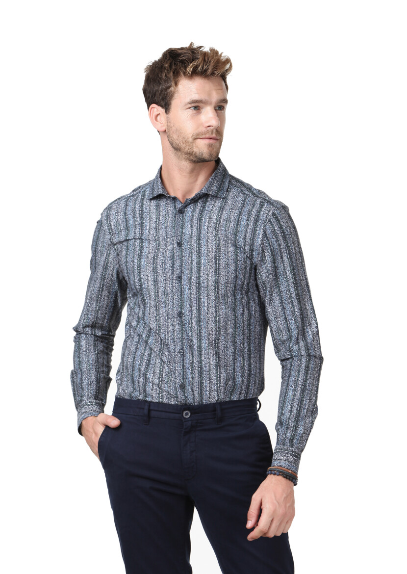 Petrol Blue Printed Fitted Fit Long Weaving Casual 100% Cotton Shirt - 1