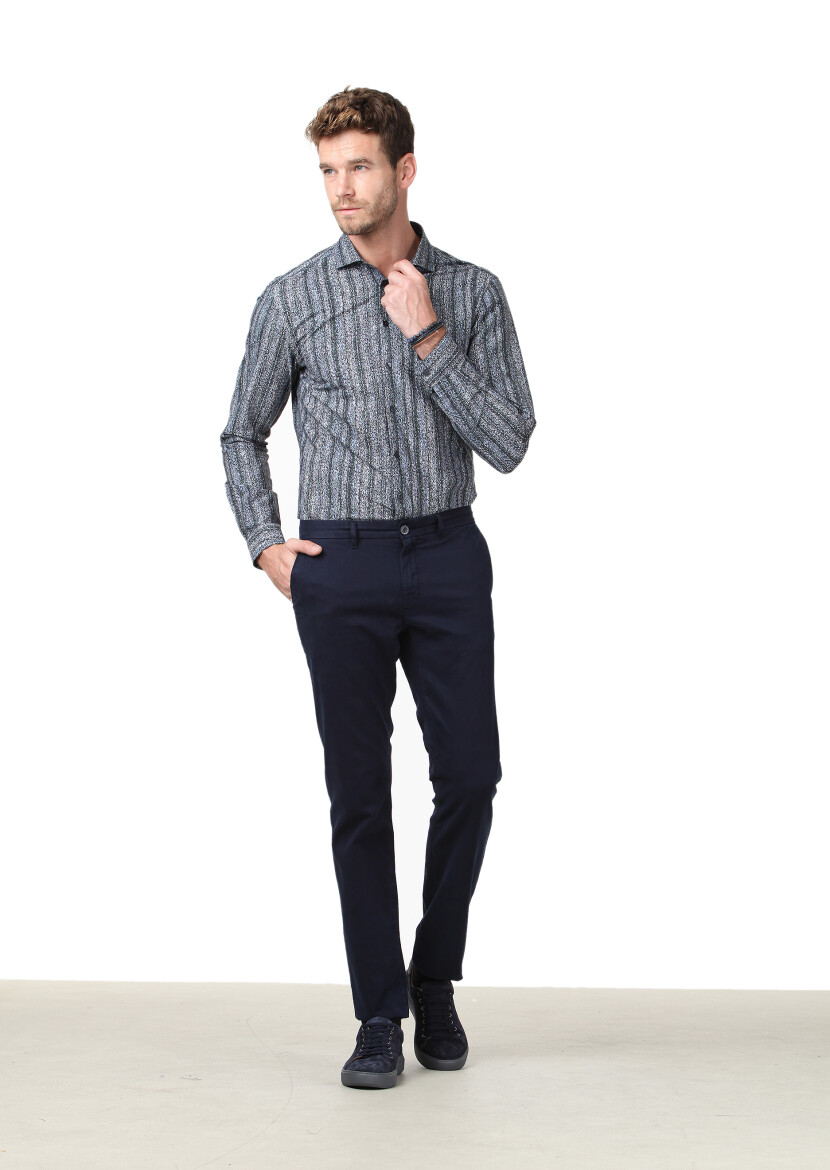 Petrol Blue Printed Fitted Fit Long Weaving Casual 100% Cotton Shirt - 2