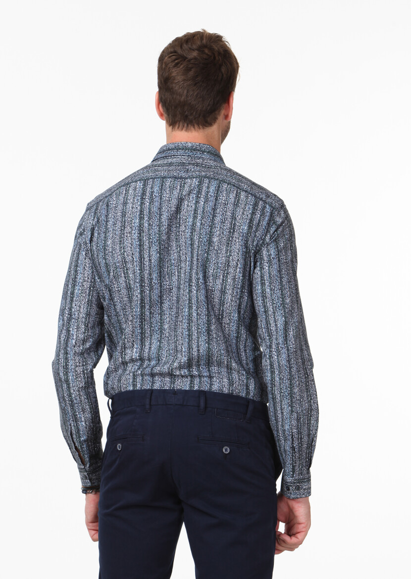 Petrol Blue Printed Fitted Fit Long Weaving Casual 100% Cotton Shirt - 3