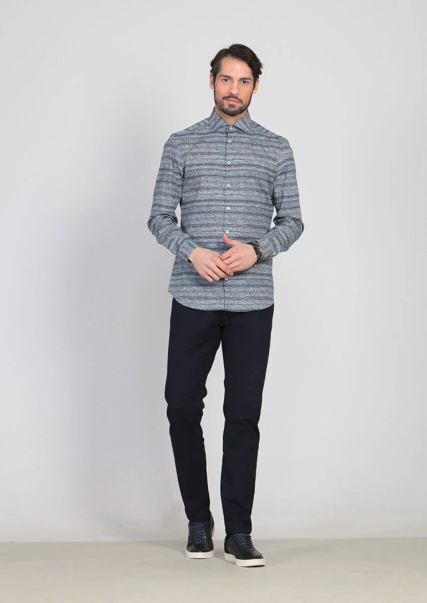 Petrol Blue Printed Fitted Fit Weaving Casual 100% Cotton Shirt - 3