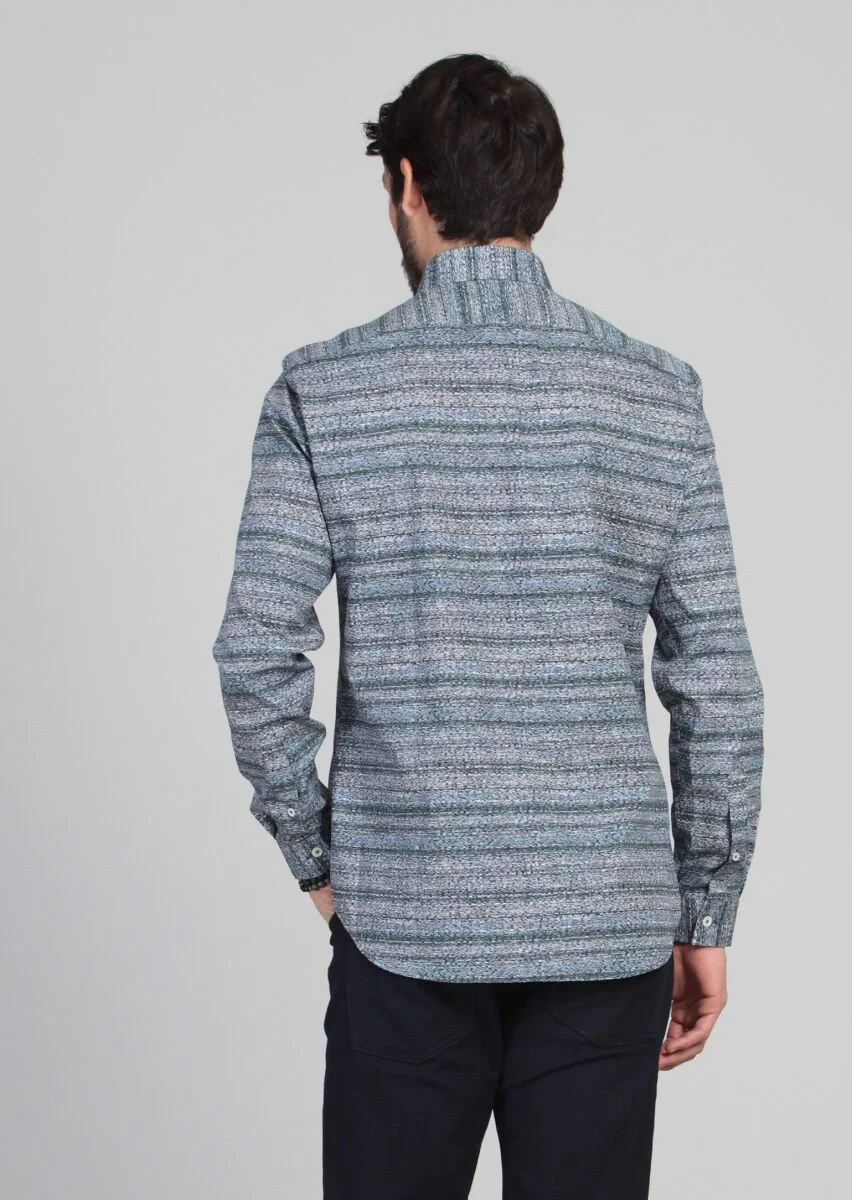 Petrol Blue Printed Fitted Fit Weaving Casual 100% Cotton Shirt - 5