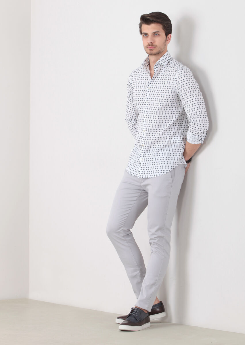 Petrol Blue Printed Slim Fit Long Weaving Casual 100% Cotton Shirt - 1