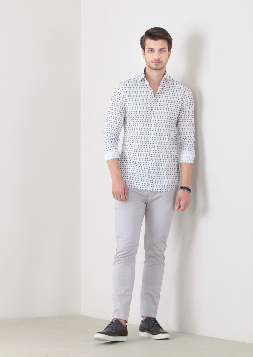 Petrol Blue Printed Slim Fit Long Weaving Casual 100% Cotton Shirt - 3