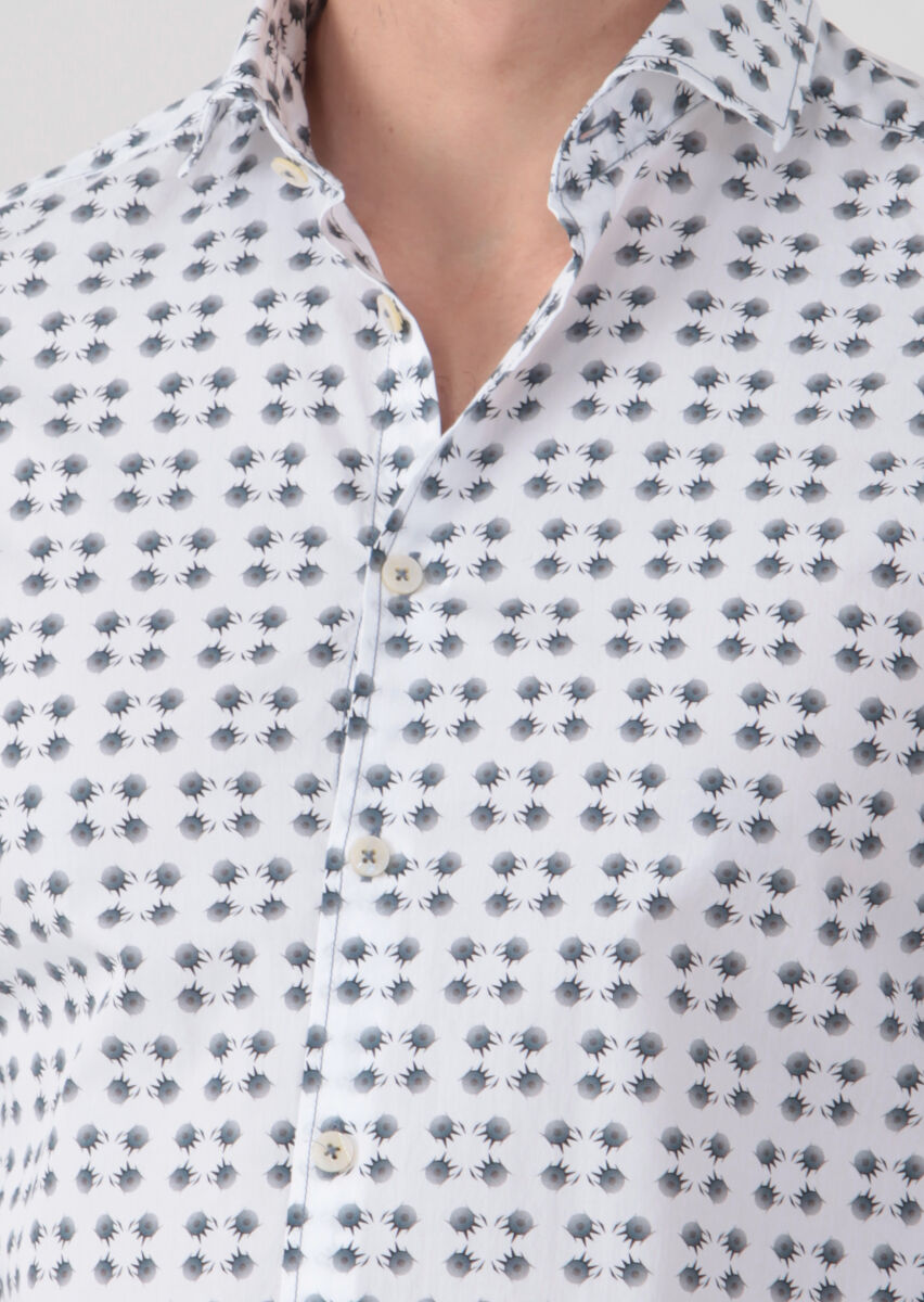 Petrol Blue Printed Slim Fit Long Weaving Casual 100% Cotton Shirt - 4