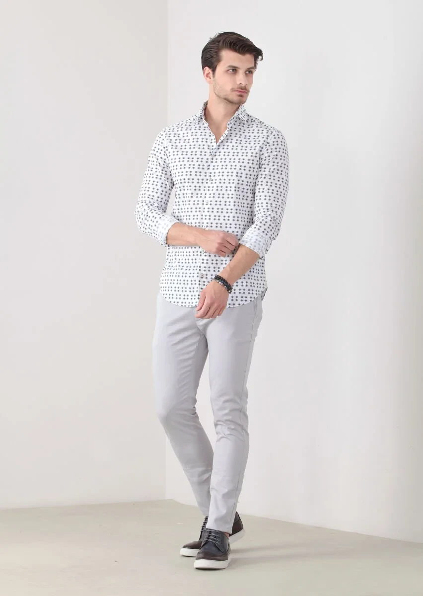 Petrol Blue Printed Slim Fit Weaving Casual 100% Cotton Shirt - 2