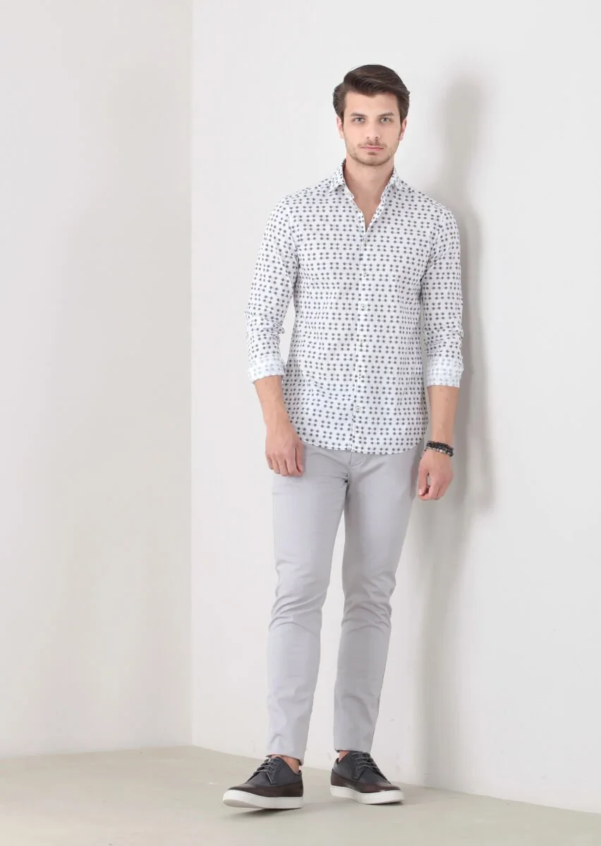 Petrol Blue Printed Slim Fit Weaving Casual 100% Cotton Shirt - 3