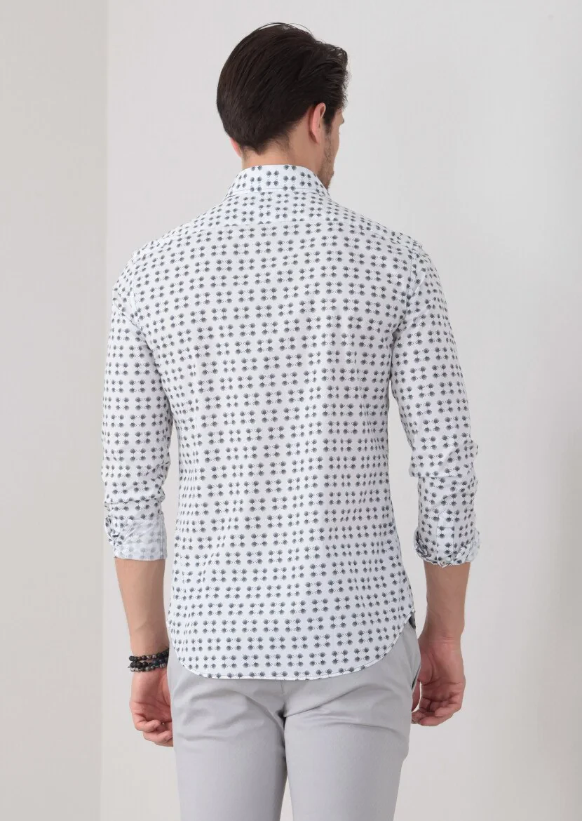 Petrol Blue Printed Slim Fit Weaving Casual 100% Cotton Shirt - 5
