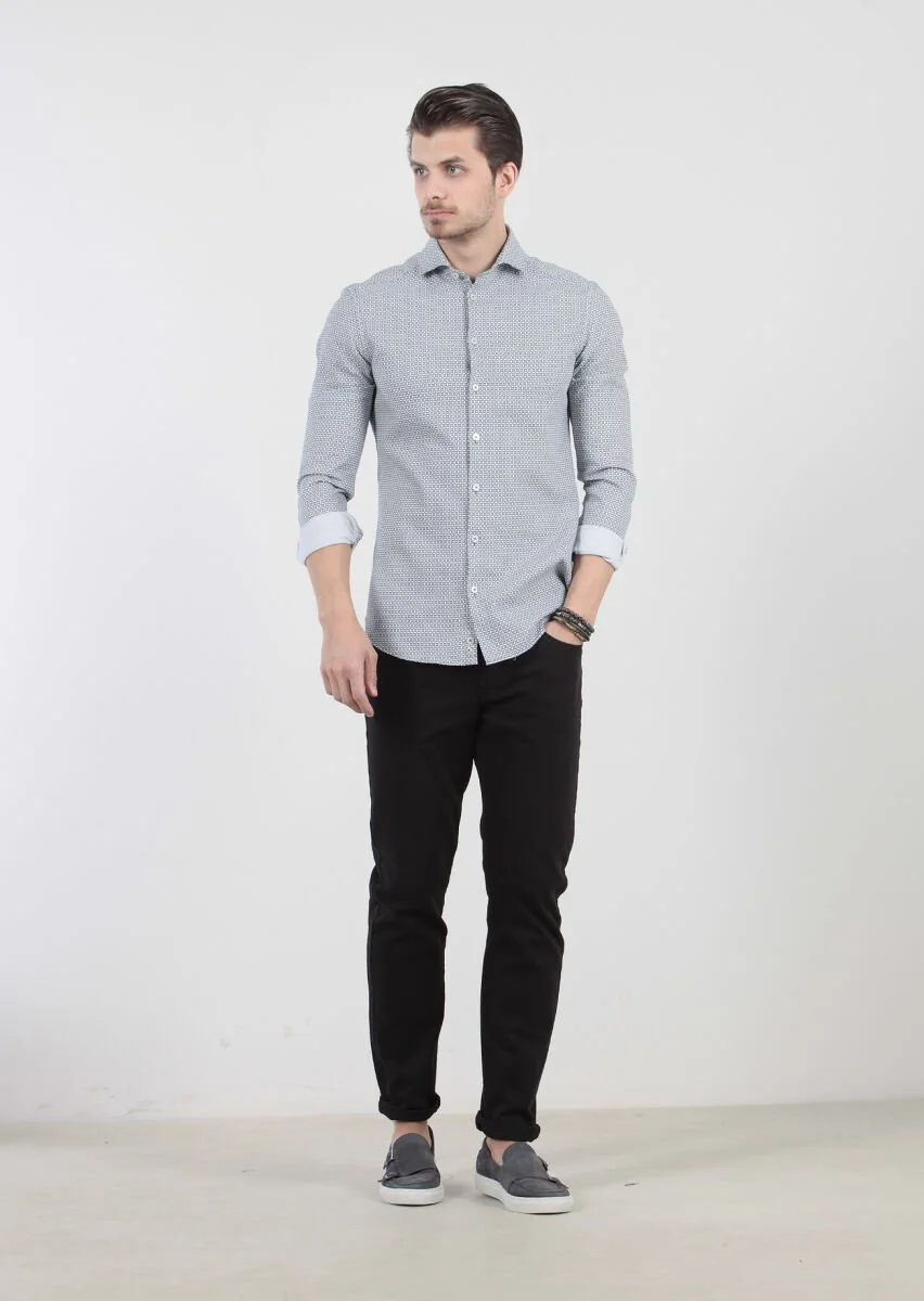 Petrol Blue Printed Slim Fit Weaving Casual 100% Cotton Shirt - 1