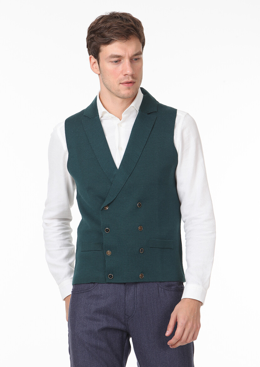Petrol Blue Regular Fit Casual Knitting Knit Vest - 1
