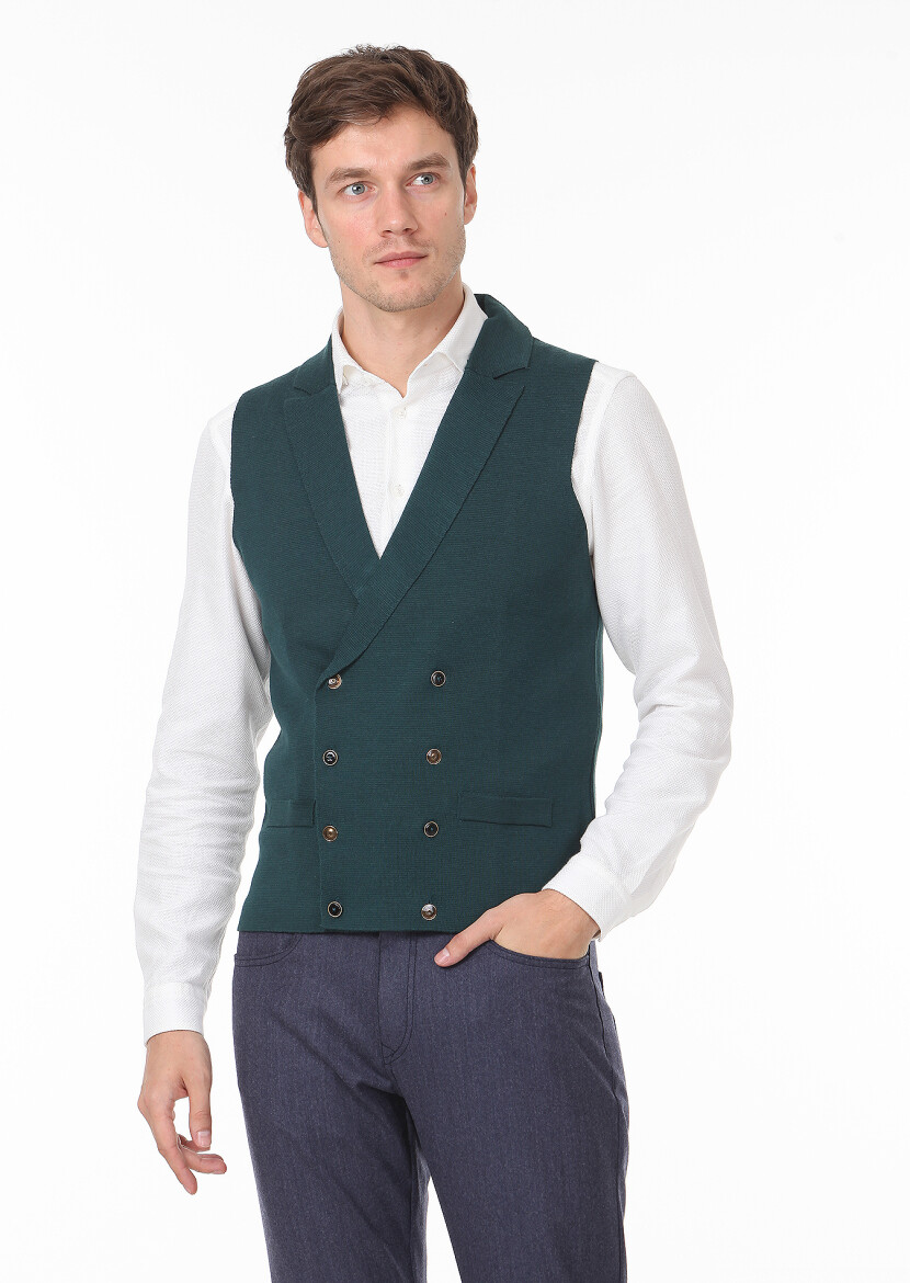 Petrol Blue Regular Fit Casual Knitting Knit Vest - 2