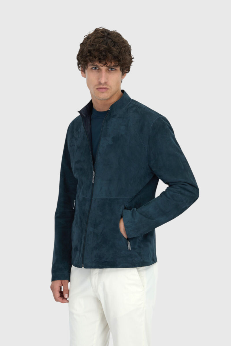 Petrol Blue Regular Fit Turtleneck Casual Double-Sided Leather Coat - 1