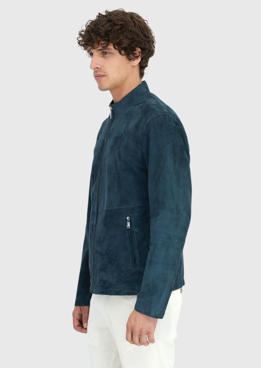 Petrol Blue Regular Fit Turtleneck Casual Double-Sided Leather Coat - 4