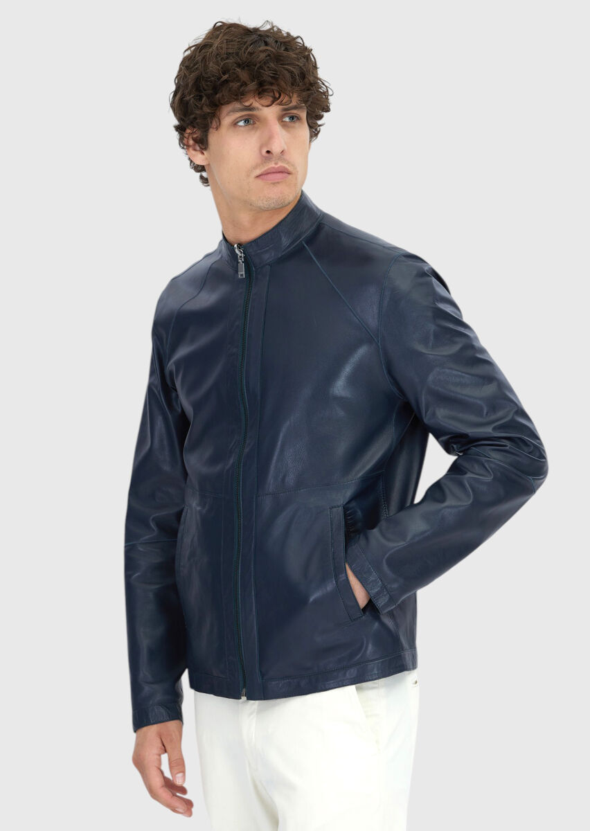 Petrol Blue Regular Fit Turtleneck Casual Double-Sided Leather Coat - 5