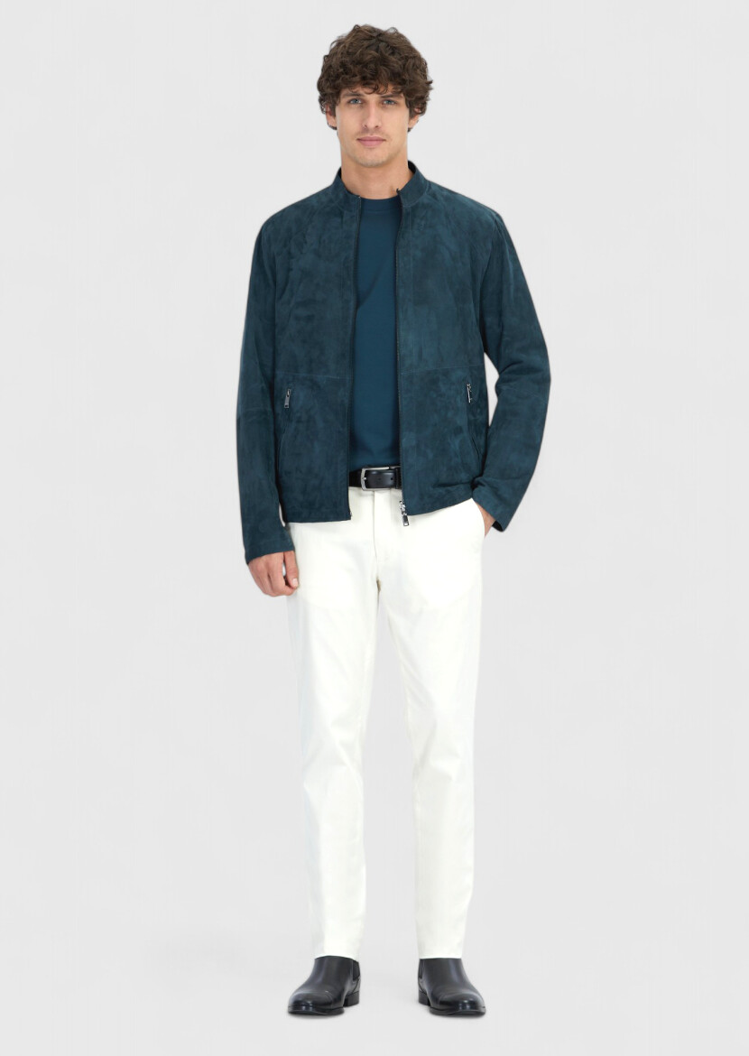 Petrol Blue Regular Fit Turtleneck Casual Double-Sided Leather Coat - 3