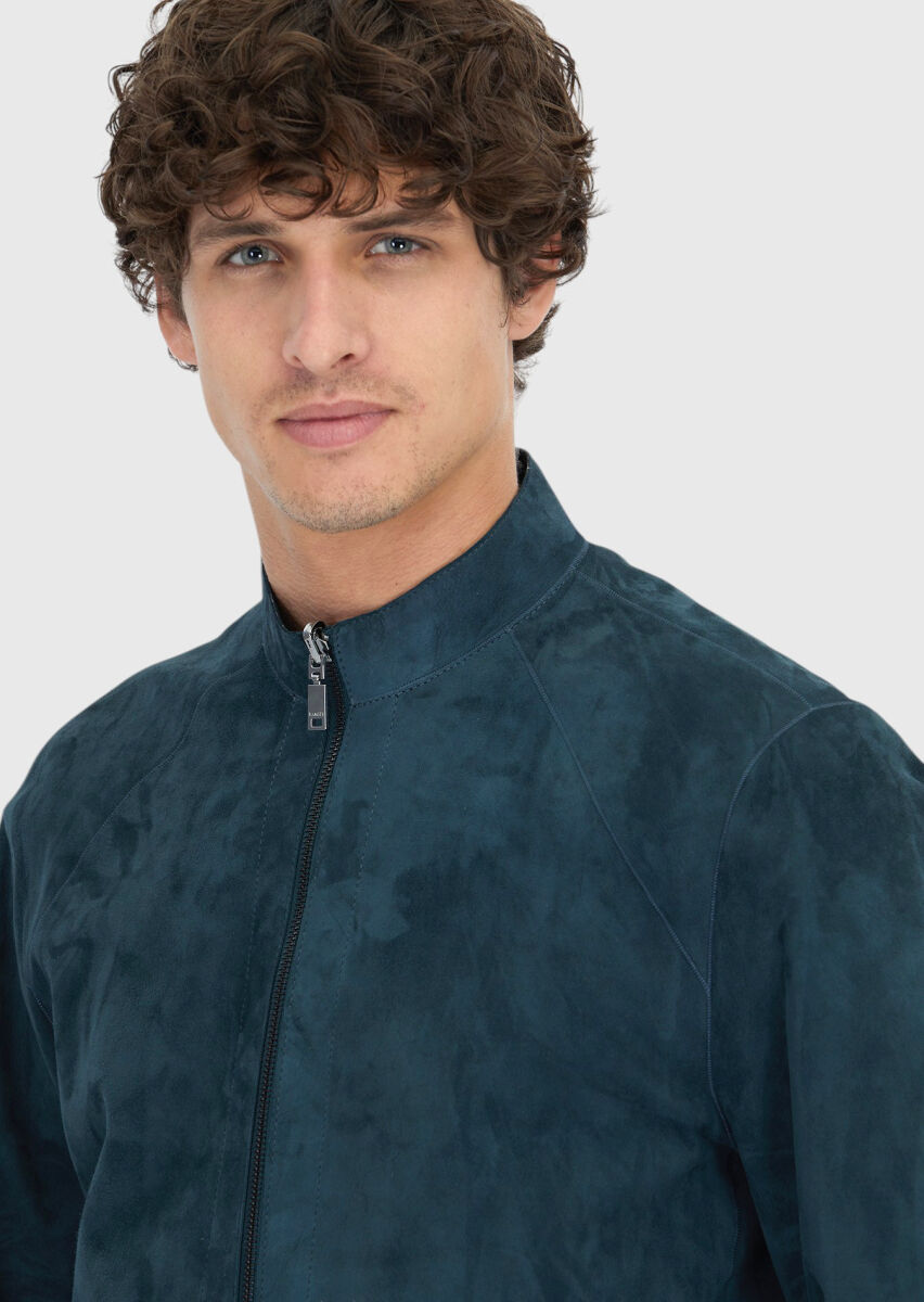 Petrol Blue Regular Fit Turtleneck Casual Double-Sided Leather Coat - 6