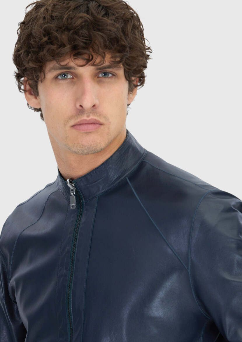 Petrol Blue Regular Fit Turtleneck Casual Double-Sided Leather Coat - 7