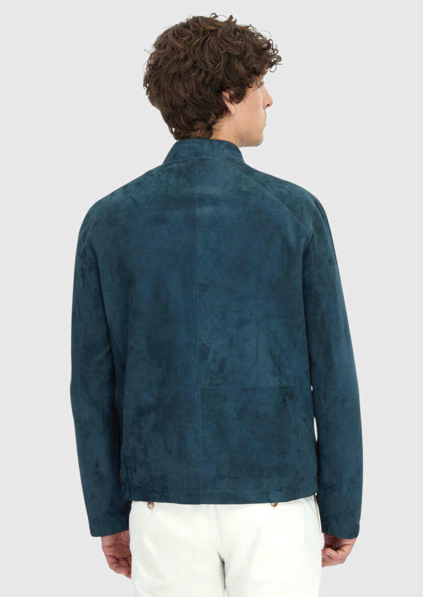 Petrol Blue Regular Fit Turtleneck Casual Double-Sided Leather Coat - 8