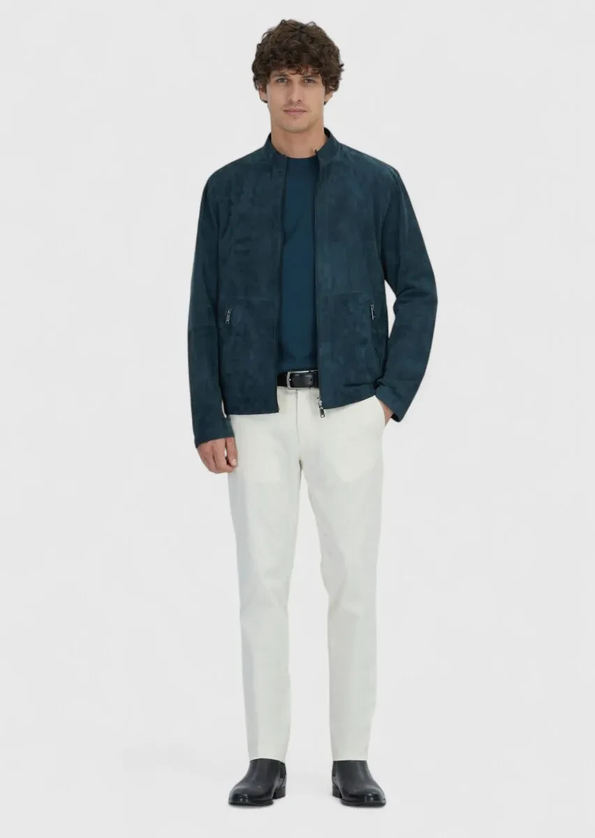 Petrol Blue Regular Fit Turtleneck Casual Leather Coat - 3