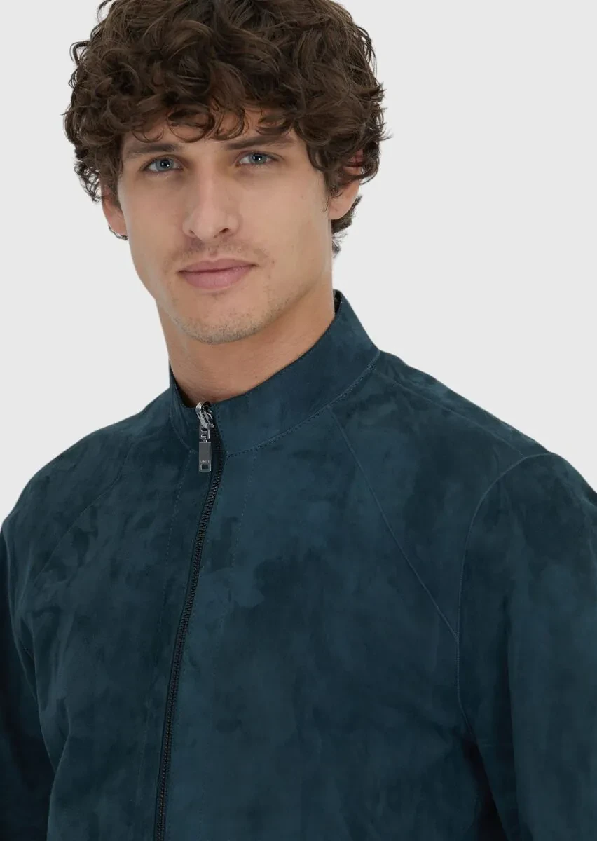 Petrol Blue Regular Fit Turtleneck Casual Leather Coat - 6