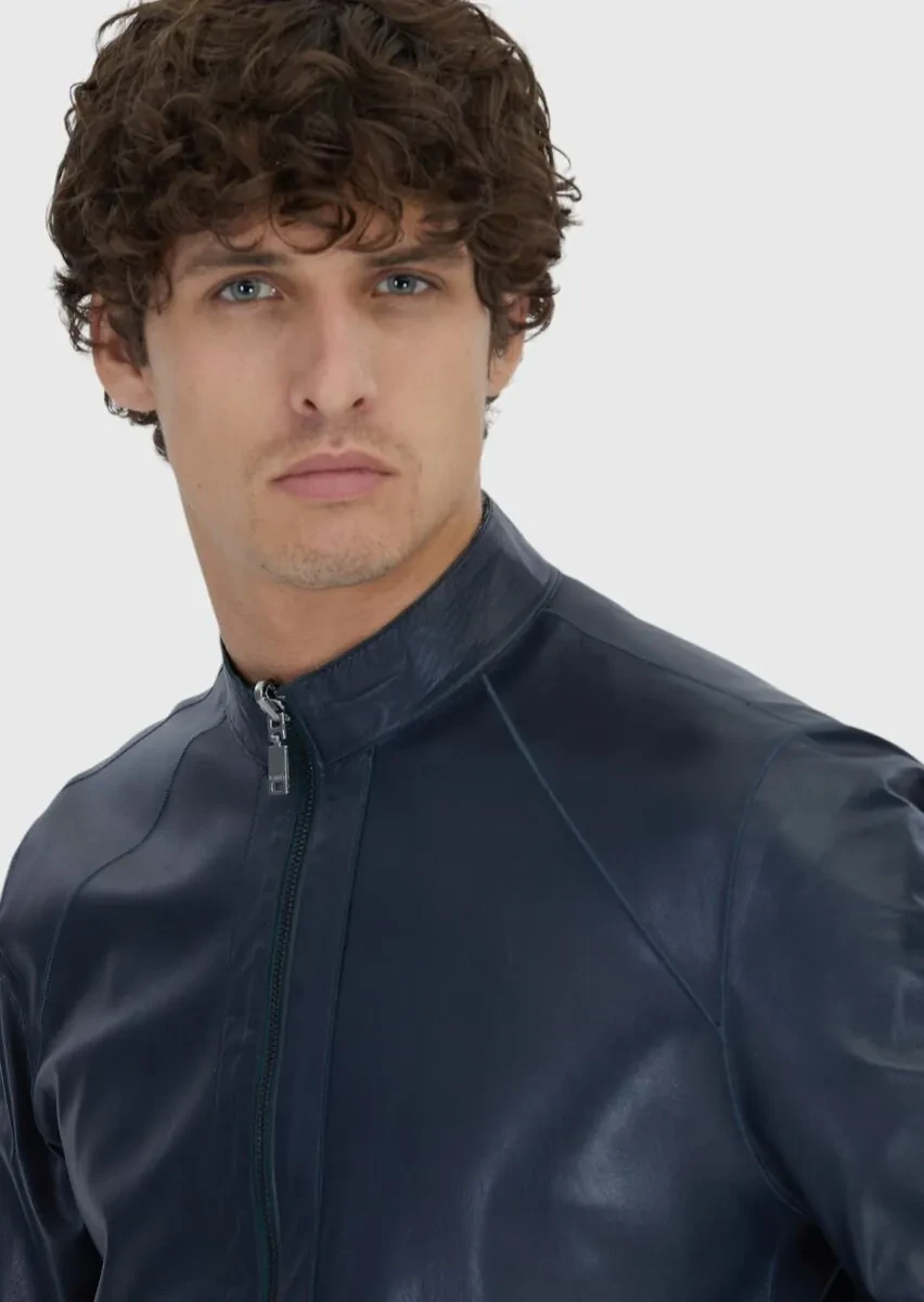 Petrol Blue Regular Fit Turtleneck Casual Leather Coat - 7