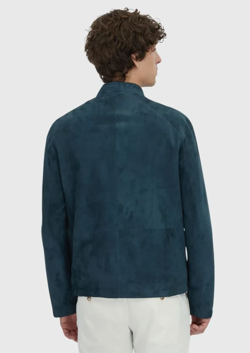 Petrol Blue Regular Fit Turtleneck Casual Leather Coat - 8
