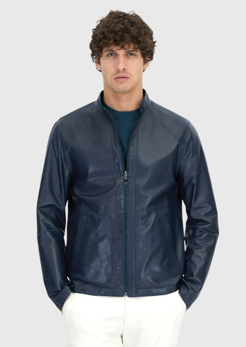 Petrol Blue Regular Fit Turtleneck Casual Leather Coat 