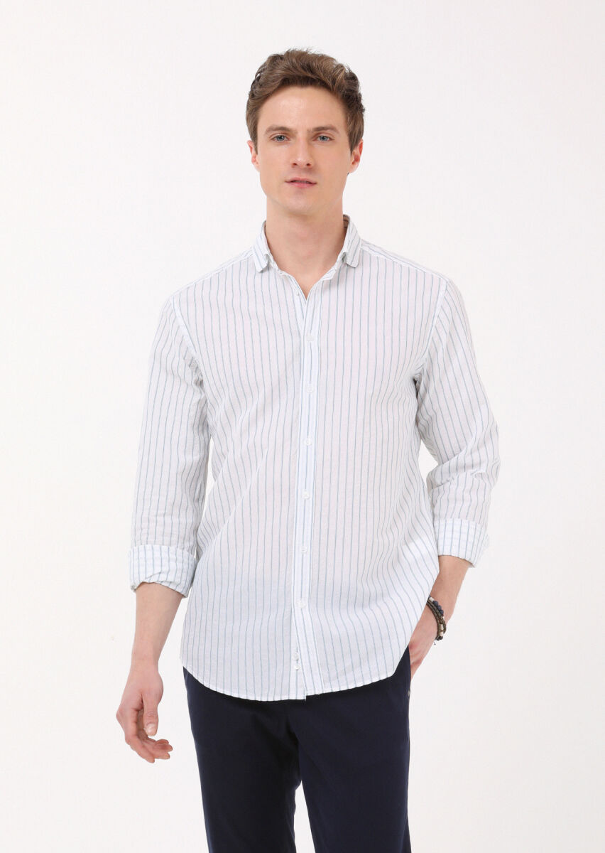 Petrol Blue Striped Regular Fit Long Weaving Casual Cotton Blended Shirt - 1