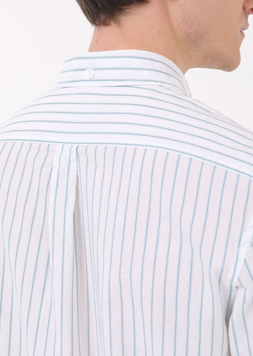 Petrol Blue Striped Regular Fit Long Weaving Casual Cotton Blended Shirt - 3