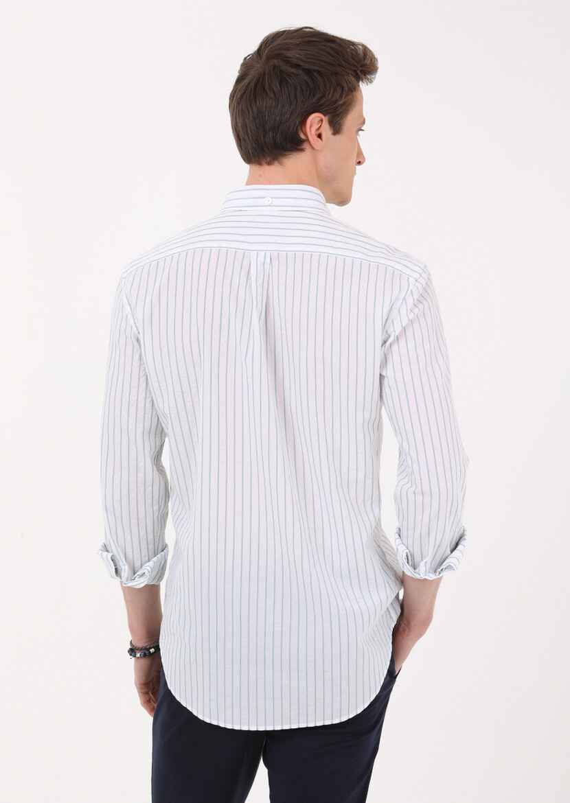 Petrol Blue Striped Regular Fit Long Weaving Casual Cotton Blended Shirt - 4