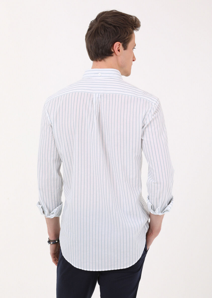 Petrol Blue Striped Regular Fit Long Weaving Casual Cotton Blended Shirt - 4