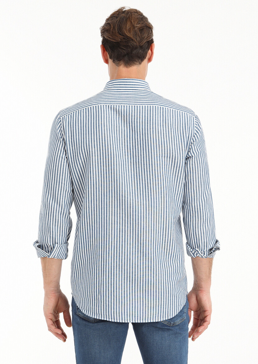 Petrol Blue Striped Regular Fit Long Weaving Casual Cotton Blended Shirt - 2