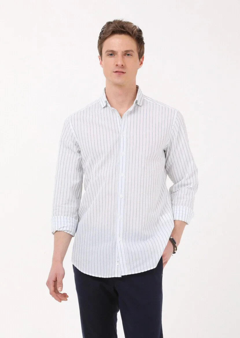 Petrol Blue Striped Regular Fit Weaving Casual Cotton Blended Shirt - 1