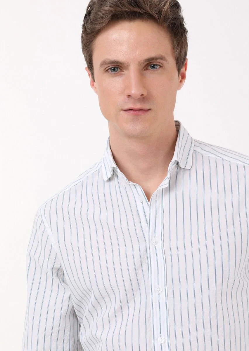 Petrol Blue Striped Regular Fit Weaving Casual Cotton Blended Shirt - 2