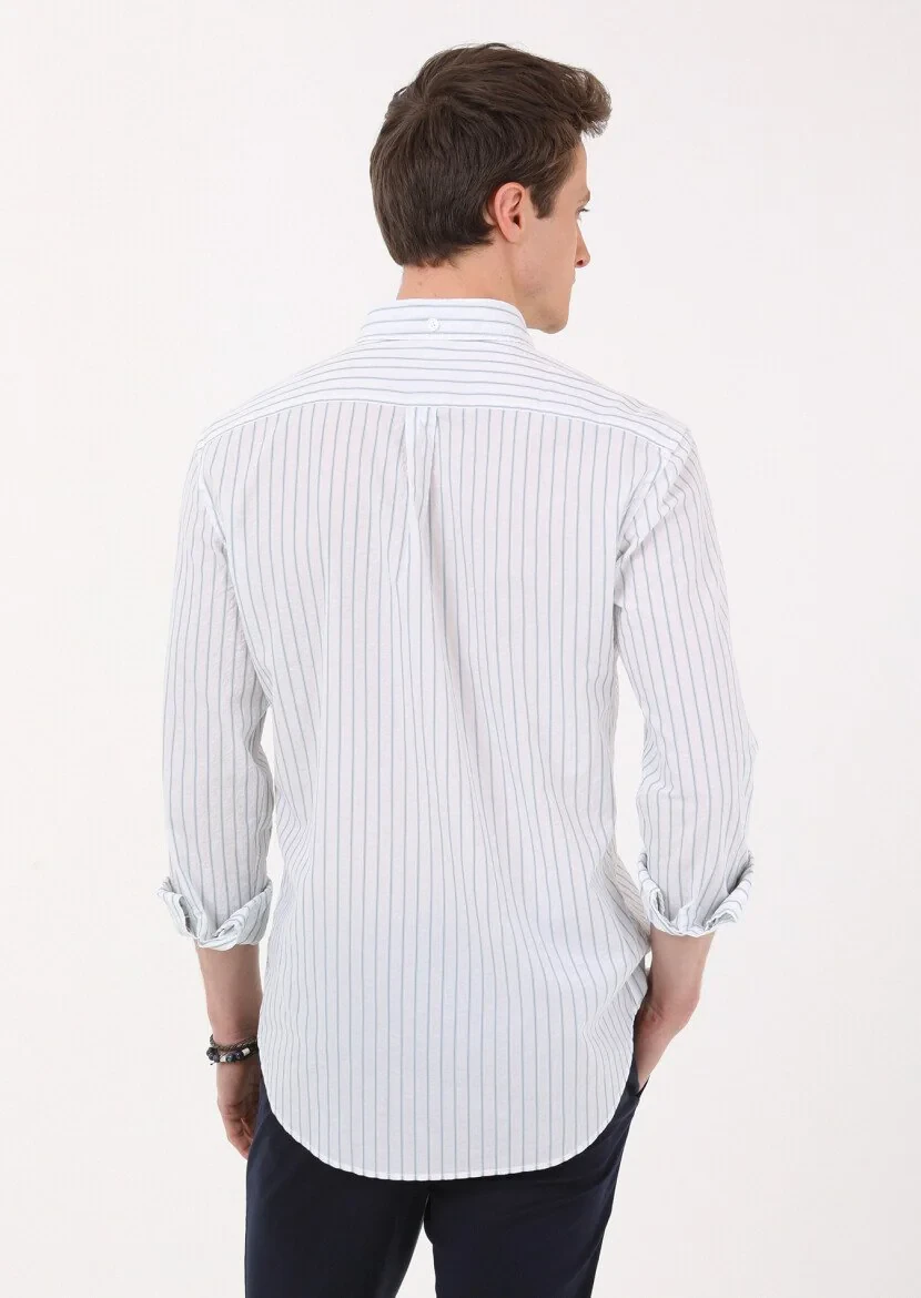 Petrol Blue Striped Regular Fit Weaving Casual Cotton Blended Shirt - 5