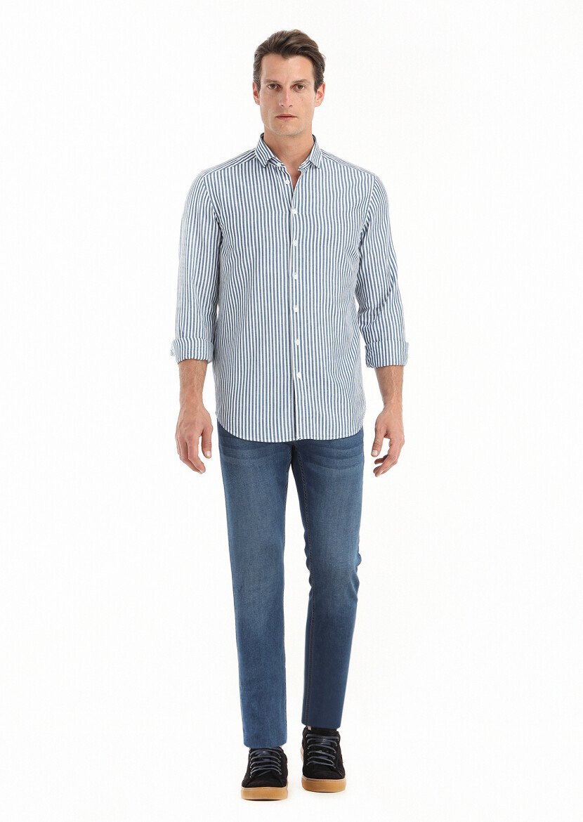 Petrol Blue Striped Regular Fit Weaving Casual Cotton Blended Shirt - 1
