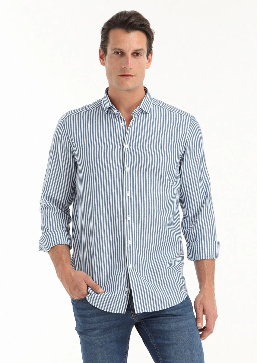 Petrol Blue Striped Regular Fit Weaving Casual Cotton Blended Shirt - 2