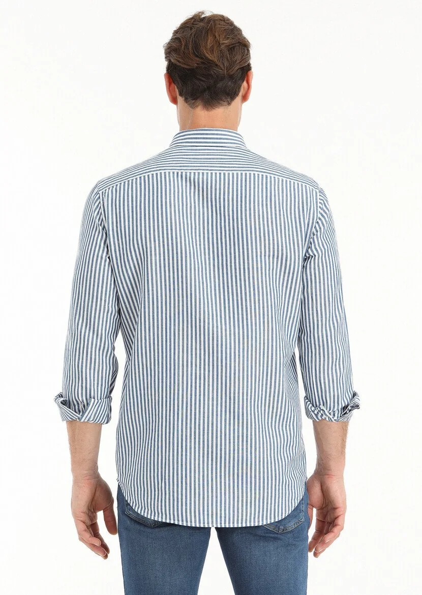 Petrol Blue Striped Regular Fit Weaving Casual Cotton Blended Shirt - 4