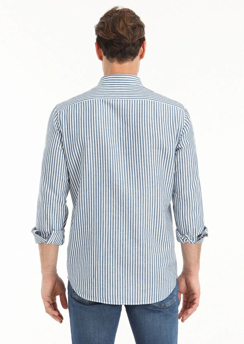 Petrol Blue Striped Regular Fit Weaving Casual Cotton Blended Shirt - 4