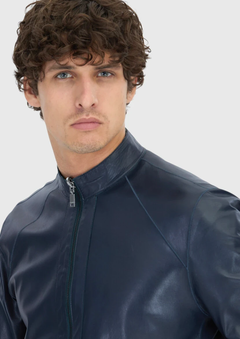 Petrol Blue Turtleneck Casual Double-Sided Leather Coat - 7