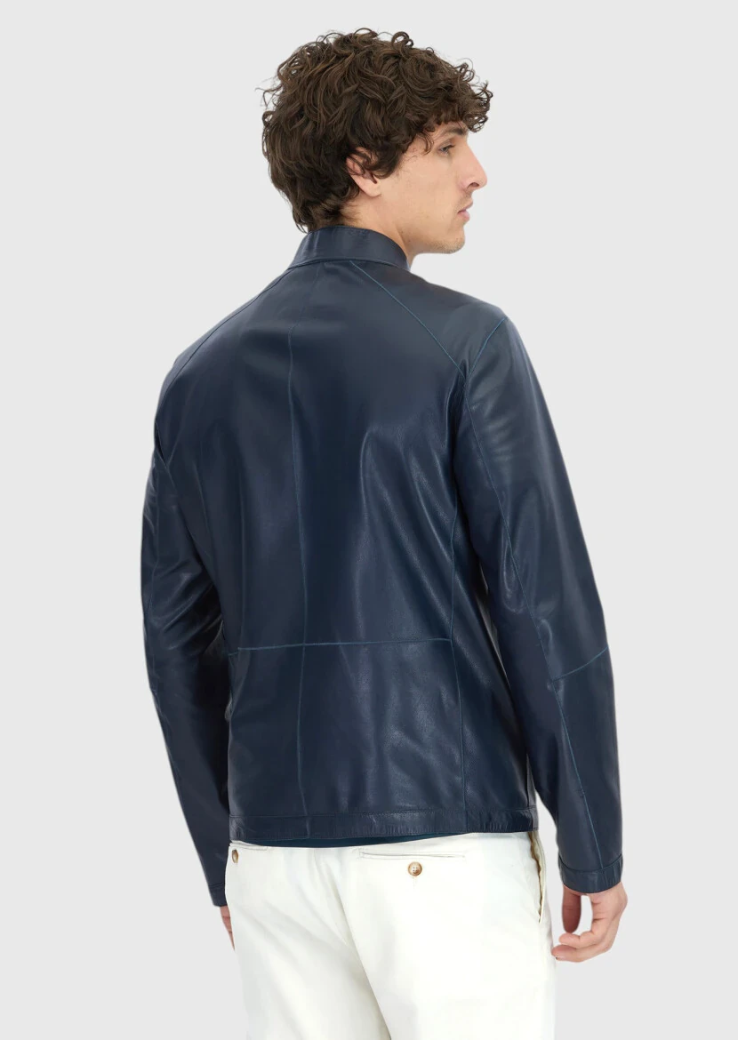 Petrol Blue Turtleneck Casual Double-Sided Leather Coat - 9