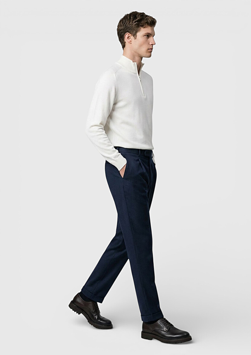 Petrol Blue Weaving Regular Fit Casual 100% Wool Trousers - RAMSEY