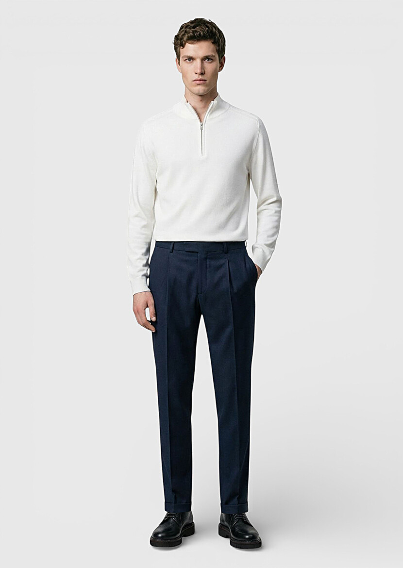 Petrol Blue Weaving Regular Fit Casual 100% Wool Trousers - RAMSEY