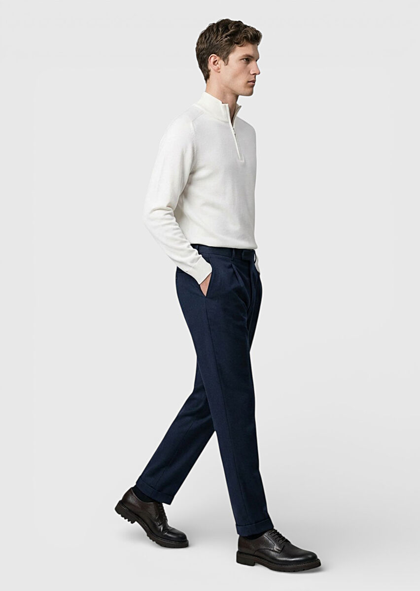 Petrol Blue Weaving Regular Fit Casual 100% Wool Trousers - 2