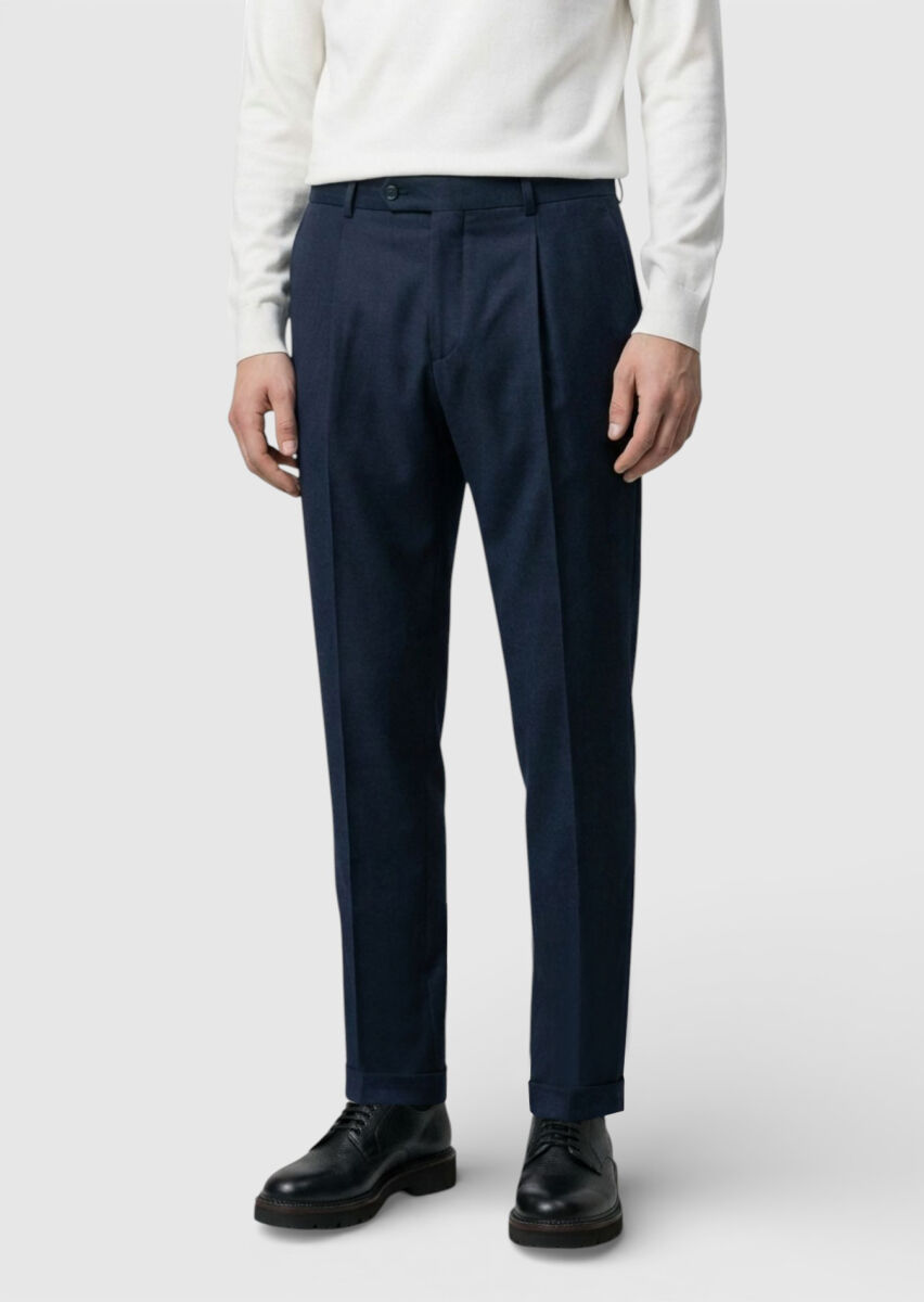 Petrol Blue Weaving Regular Fit Casual 100% Wool Trousers - 3
