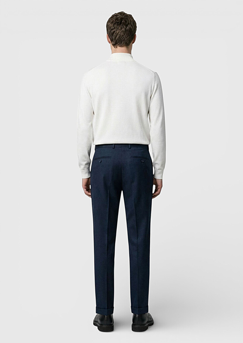 Petrol Blue Weaving Regular Fit Casual 100% Wool Trousers - 4