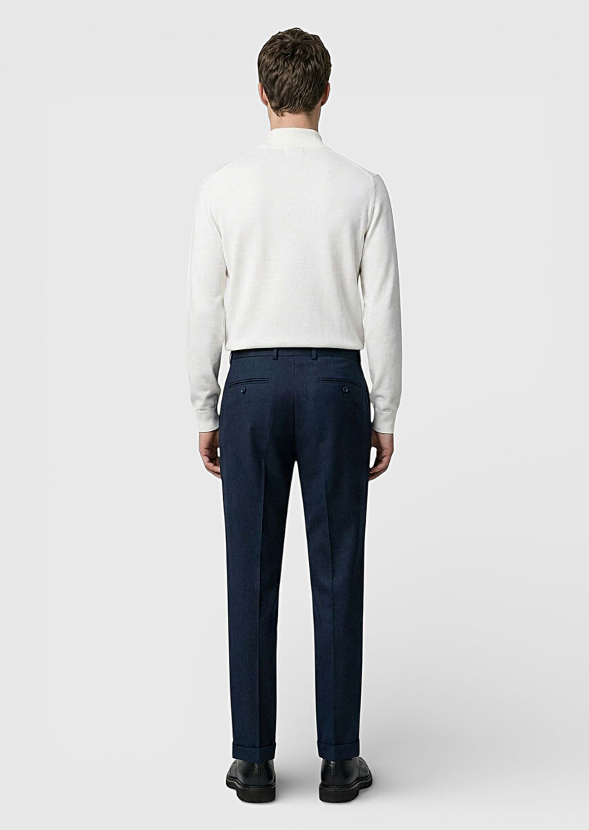 Petrol Blue Weaving Regular Fit Casual 100% Wool Trousers - 4