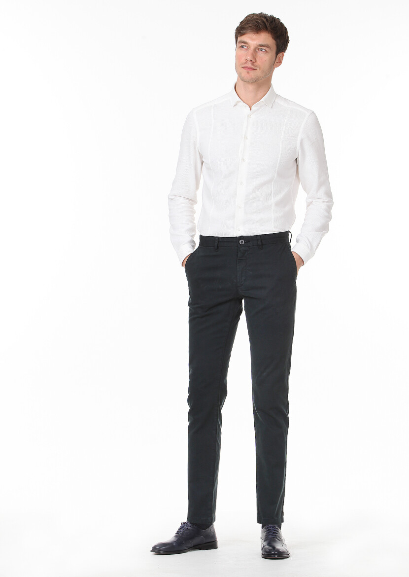 Petrol Blue Weaving Regular Fit Casual Cotton Blended Trousers - 2