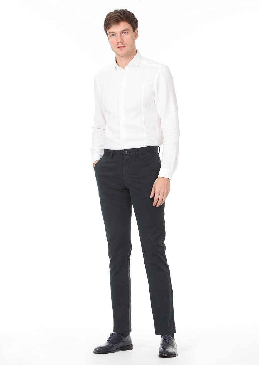 Petrol Blue Weaving Regular Fit Casual Cotton Blended Trousers 